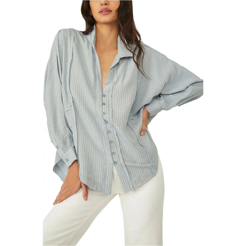 We The Free One & Only Blue Striped Button Down Top Oversized XS